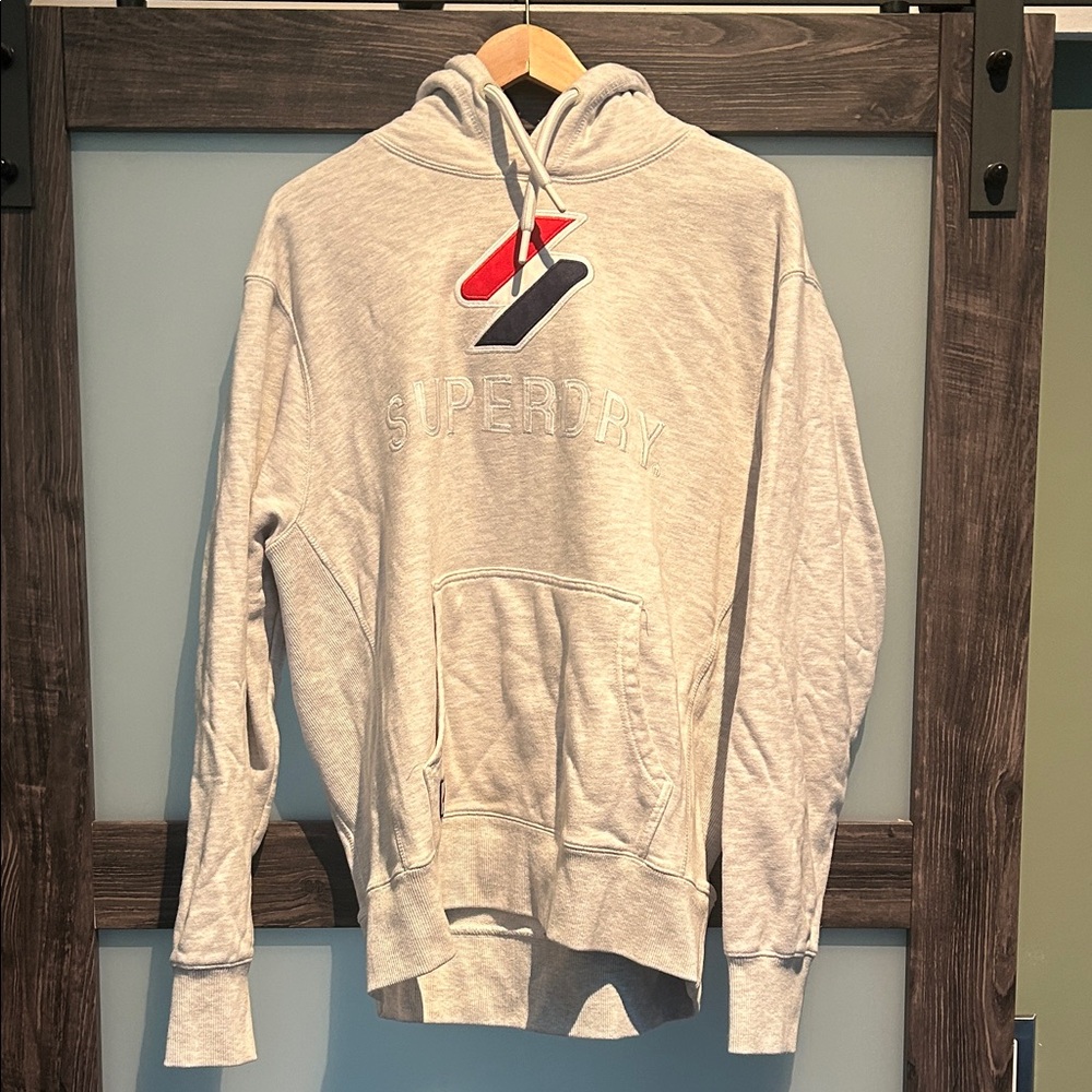 Superdry Light Gray Hoodie with Red and Blue Logo